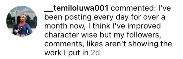 Instagram comment from __temiloluwa001: posting every day for over a month, but followers, comments and likes aren't showing the work