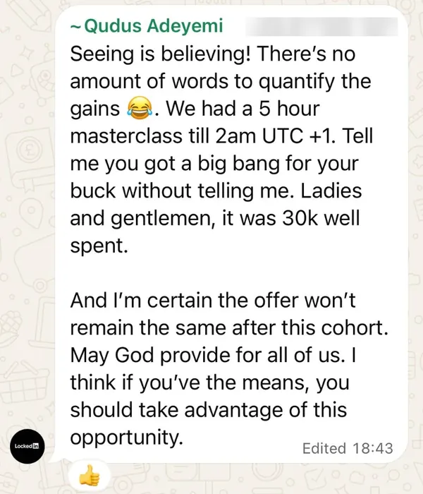 WhatsApp message from Qudus Adeyemi: seeing is believing, a 5 hour masterclass
