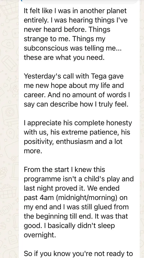 WhatsApp message from a member: yesterday's call with Tega gave me new hope about my life and career